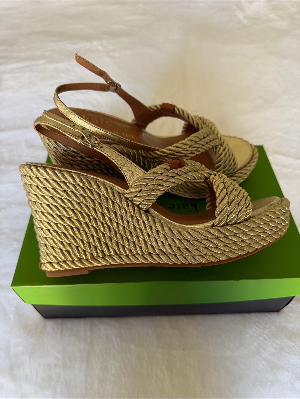 Kate Spade Tahiti Woven Metallic Pale Gold Wedge Sandals - Women's - Picture 6 of 13